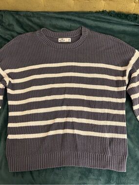 Hollister Navy and White Striped Crewneck Sweater